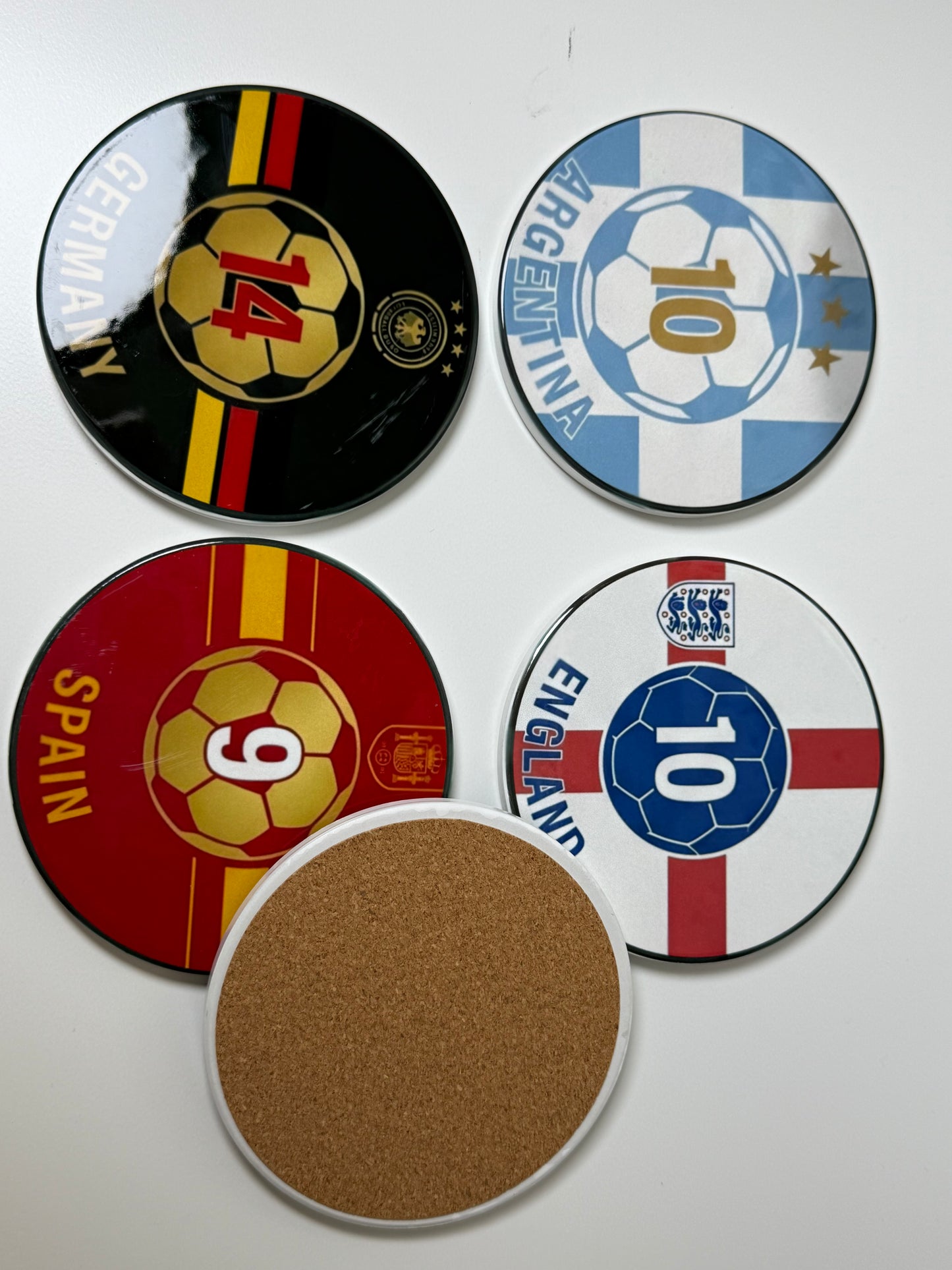 International Soccer Ceramic Coaster Set (5 Pack) | Argentina, Spain, France, England & Germany | 4” Cork Back Drink Coasters