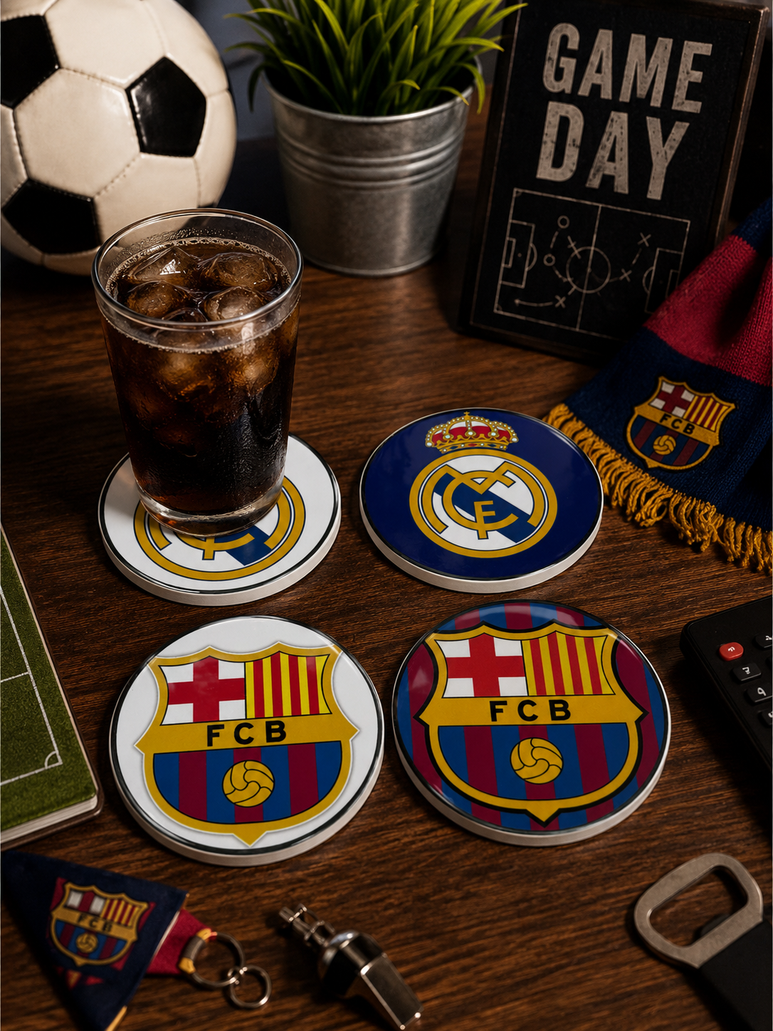 Football Club Ceramic Coaster Set (4 Pack) | Real Madrid & Barcelona | 4” Cork Back Drink Coasters | Soccer Fan Gift