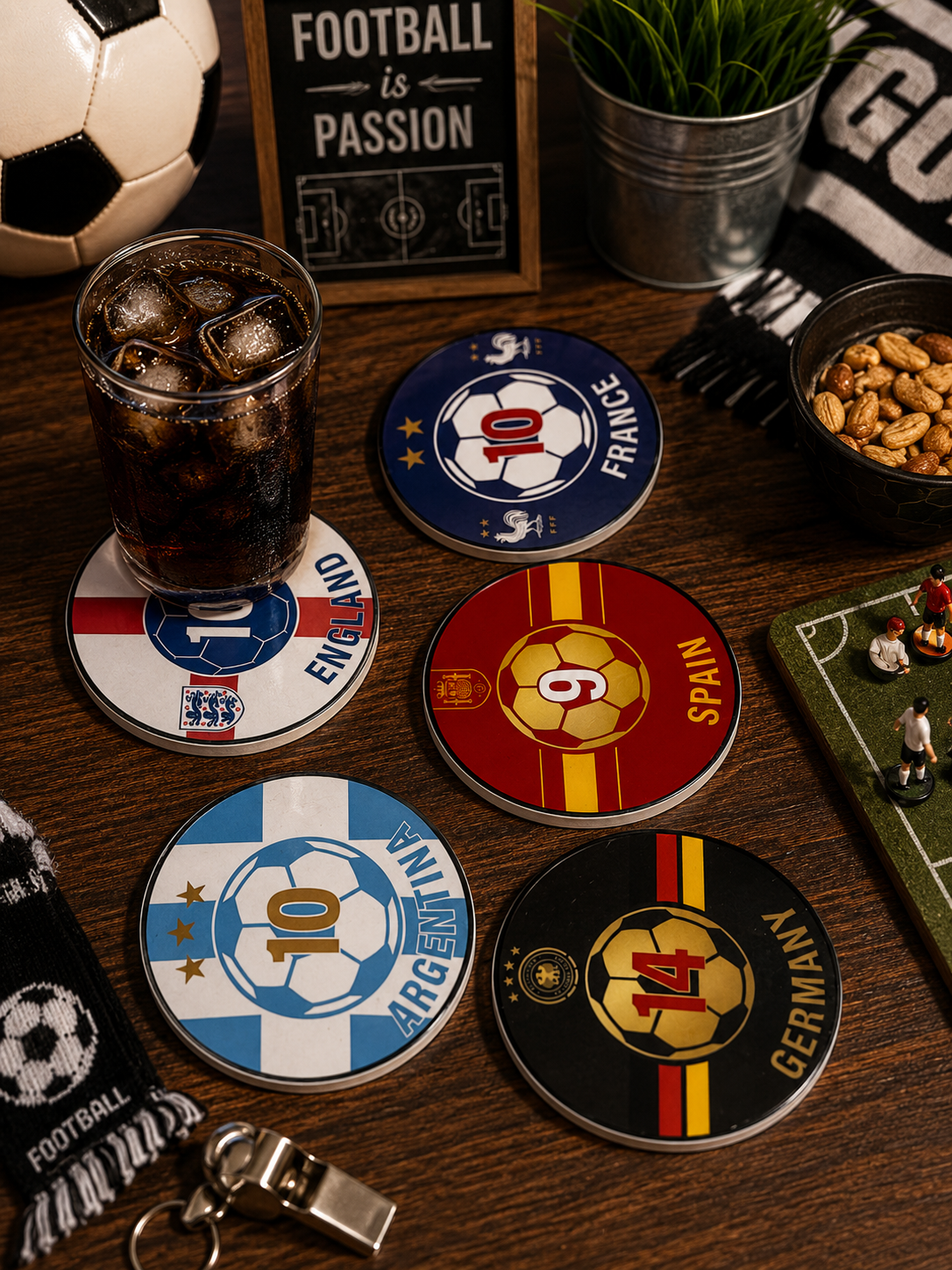 International Soccer Ceramic Coaster Set (5 Pack) | Argentina, Spain, France, England & Germany | 4” Cork Back Drink Coasters