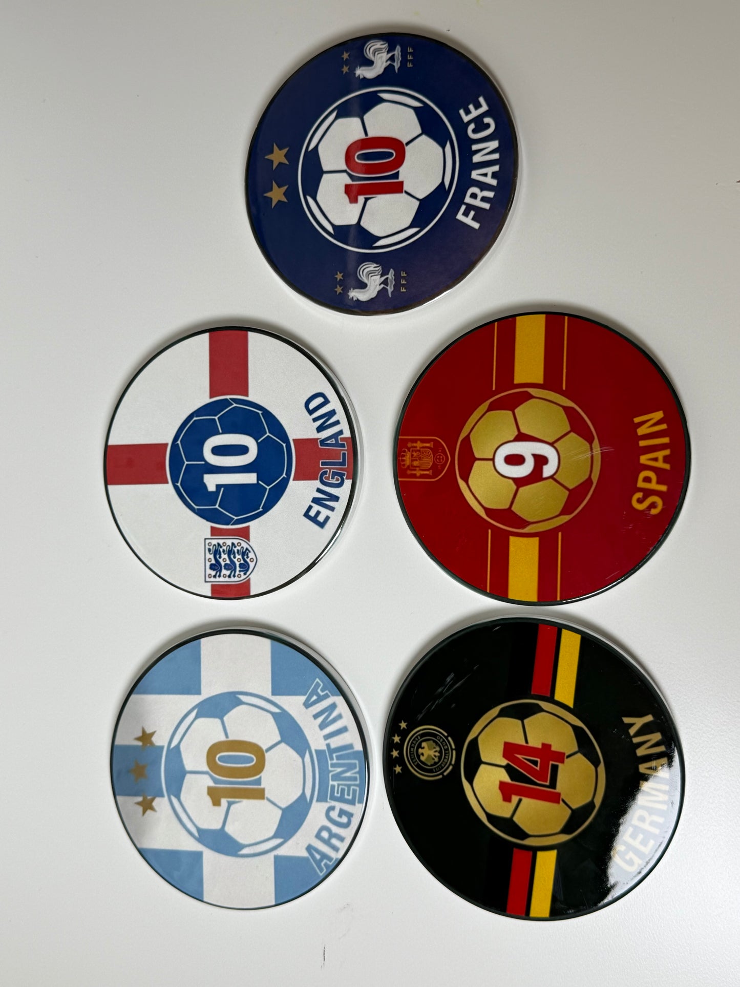 International Soccer Ceramic Coaster Set (5 Pack) | Argentina, Spain, France, England & Germany | 4” Cork Back Drink Coasters