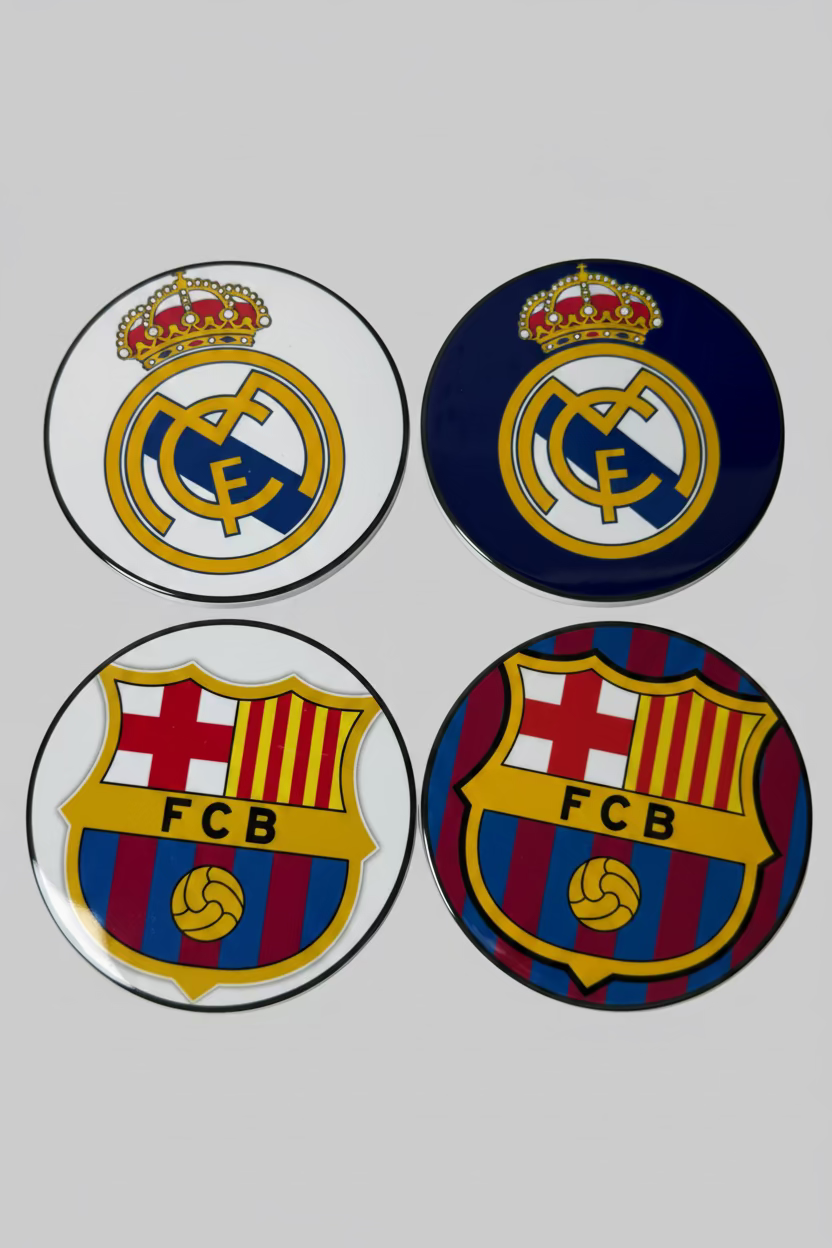 Football Club Ceramic Coaster Set (4 Pack) | Real Madrid & Barcelona | 4” Cork Back Drink Coasters | Soccer Fan Gift